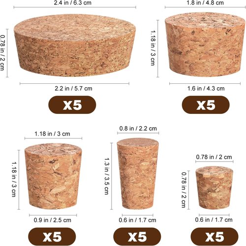 25 Pack Assorted Tapered Cork Stoppers, 5 Sizes Natural Wooden Wine Bottle Plugs Replacement for Small Apothecary Jar, Beer Beverage Sealing, DIY Projects