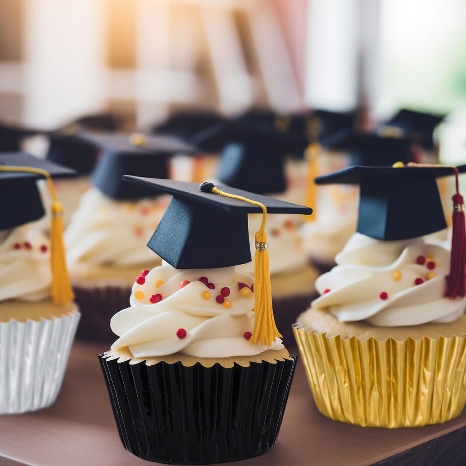 Whaline Graduation Cupcake Liners - 300 Pcs Black, Silver & Gold Foil Baking Cups for Parties