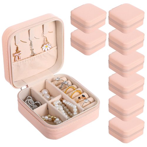 8 Pack Travel Jewelry Case Small Travel Jewelry Box Bridesmaid Gifts Jewelrys Box, PU Leather Small Jewelrys Case Organizer Storage for Rings Earrings Necklaces, Beauty Gifts for Women Girls (Pink)