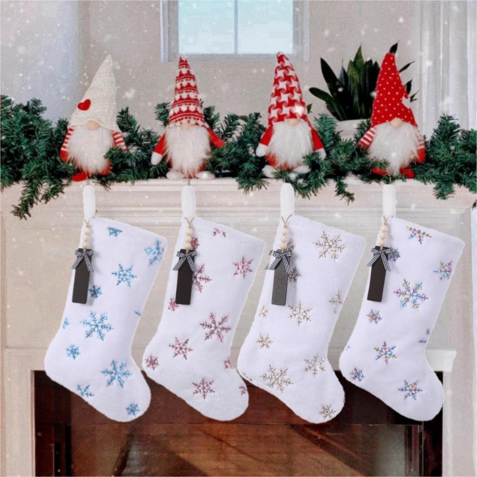 TWSANTAMAS 4PCS White Plush Christmas Stockings, 18 Inch Sequin Embroidered Snowflake Fireplace Hanging Stockings Set with Name Tags for Family Holiday Xmas Party Decorations(Blue Snowflake)