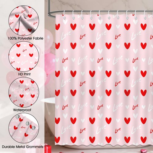 Mocsicka Valentines Shower Curtain Pink Red Heart Bathroom Shower Curtain Valentine Love Hearts Shower Curtains Bathtub Decor with 12 Hooks 72x72 Inches