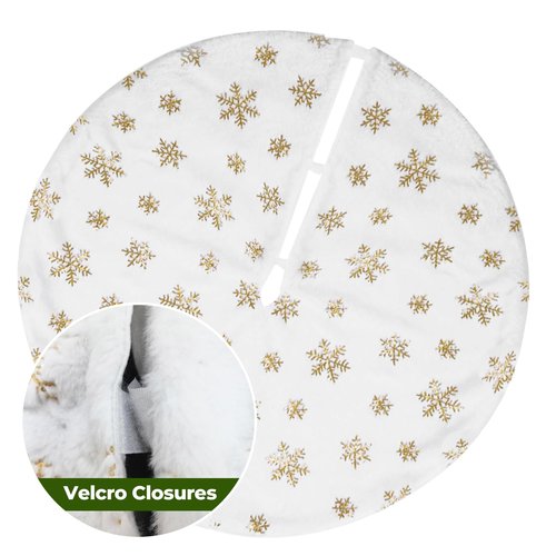 Christmas Tree Skirt 48 Inches Faux Fur Christmas Tree Skirt White with Gold Sequin Snowflakes Large Xmas Tree Skirt Christmas Tree Base Cover Party Decorations Ornaments