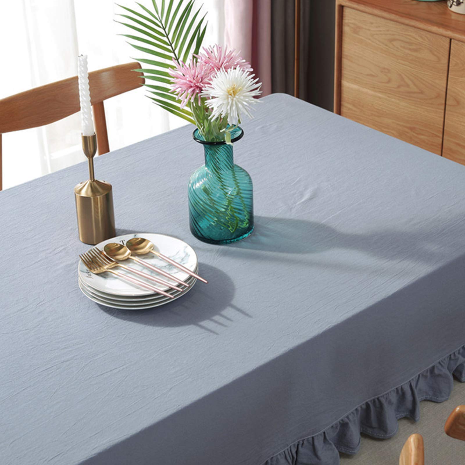 rismart Ruffle Rectangular Linen Table Cloth Cover Tablecloth Blue,140 x 180 cm