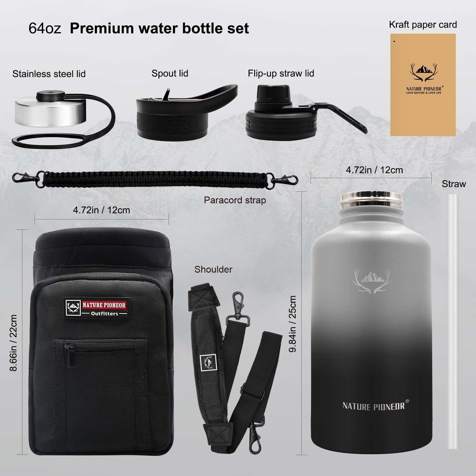 NATURE PIONEOR 64 oz Insulated Water Bottle - Double Vacuum Stainless Steel Half Gallon Water Bottle with Holder & 3 Leakproof, BPA Free Bottle Lid, 64oz Water Bottle for Hiking, Sport, Gym