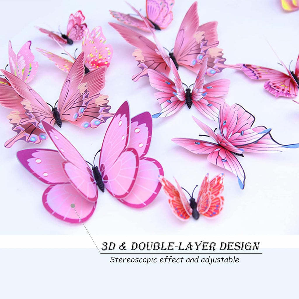 OPSEAM 3D Butterfly Wall Decor - 72 PCS Magnetic Pink Butterfly Stickers for Party Decorations