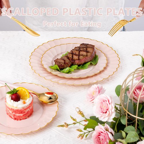 Ciaell 175 PCS Pink Scalloped Plastic Plates with Gold Trim - Pink Plastic Silverware with Handle - Fancy High-End Dinnerware Sets for Wedding & Baby Showers & Party & Easter