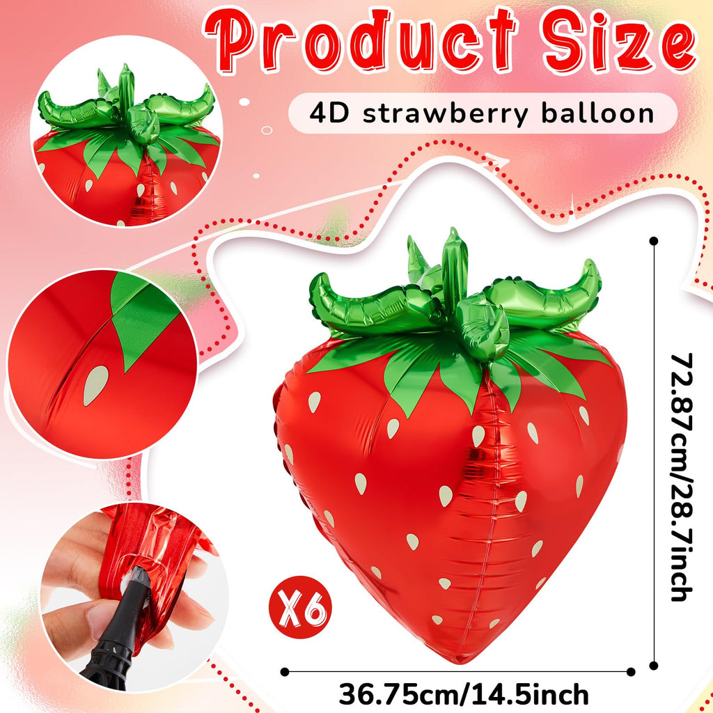 PullCrease 6 Pcs 4d Strawberry Balloons 29 Inch Giant Cute Strawberry Foil Balloons Shortcake Decorations for Sweet Berry Fruit Themed First Birthday Party Decorations Supplies Favors (Red)