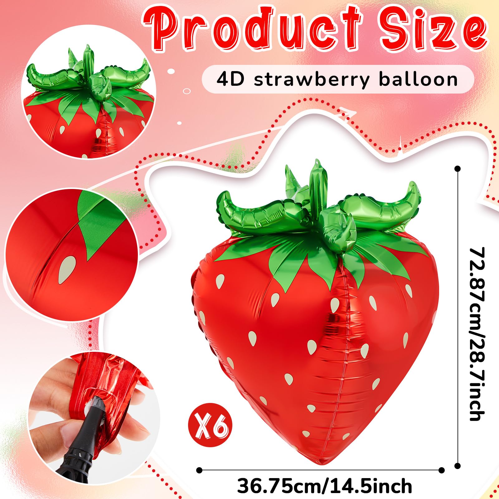 PullCrease 6 Pcs 4d Strawberry Balloons 29 Inch Giant Cute Strawberry Foil Balloons Shortcake Decorations for Sweet Berry Fruit Themed First Birthday Party Decorations Supplies Favors (Red)