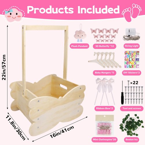 FVNPIHAM Baby Shower Basket, Wooden Baby Shower Crate Closet with Handle, Large Capacity Baby Closet Personalized Baby Gifts Basket for Newborn Girls, Pregnancy Gifts for New Parent