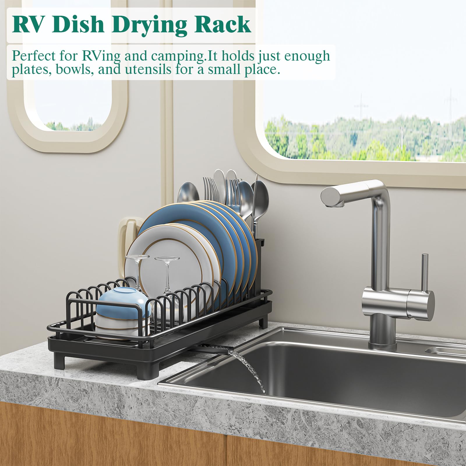 XYZLVSI Small Sink Dish Drying Rack with Drainboard, Compact Dish Drainer for Kitchen Countertop, Rustproof Plate Organizer with Utensil Holder, Black