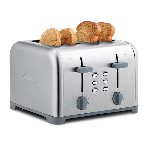 Kenmore Toaster 4 Slice - Extra Wide Slot Countertop Kitchen Appliance, Defrost Function, Grille-Pain, 9 Shade Settings, Compact Design, Easy Clean Crumb Tray, Bread Bagel, Stainless Steel