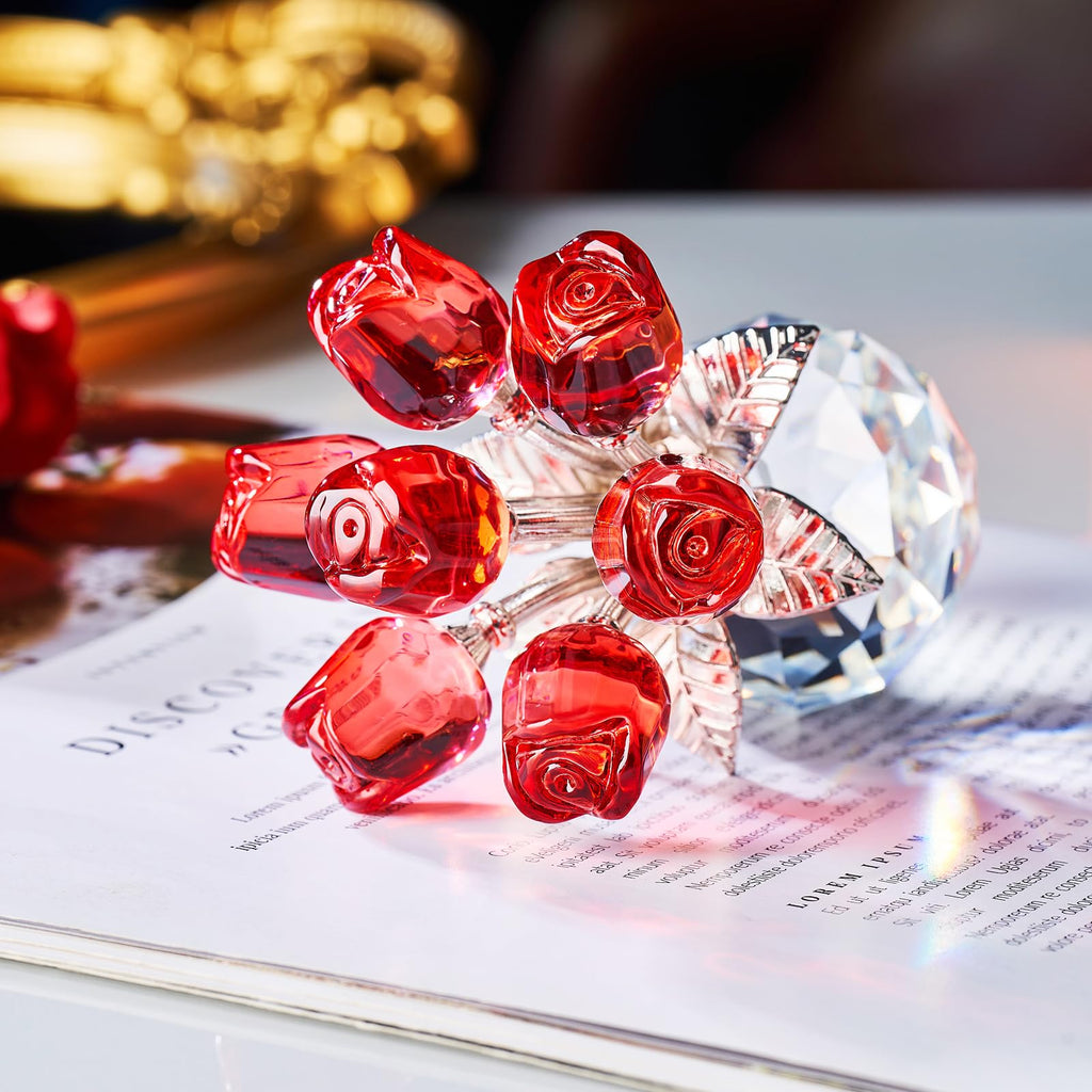 XLSJGYP Red Rose Crystal Flower Paperweight,Glass Flower Gifts for Sister Girlfriend Women Girl Wife,Crystal Flowers Bouquet Collectible for Valentine's Day Wedding Anniversary (Red Rose 02)