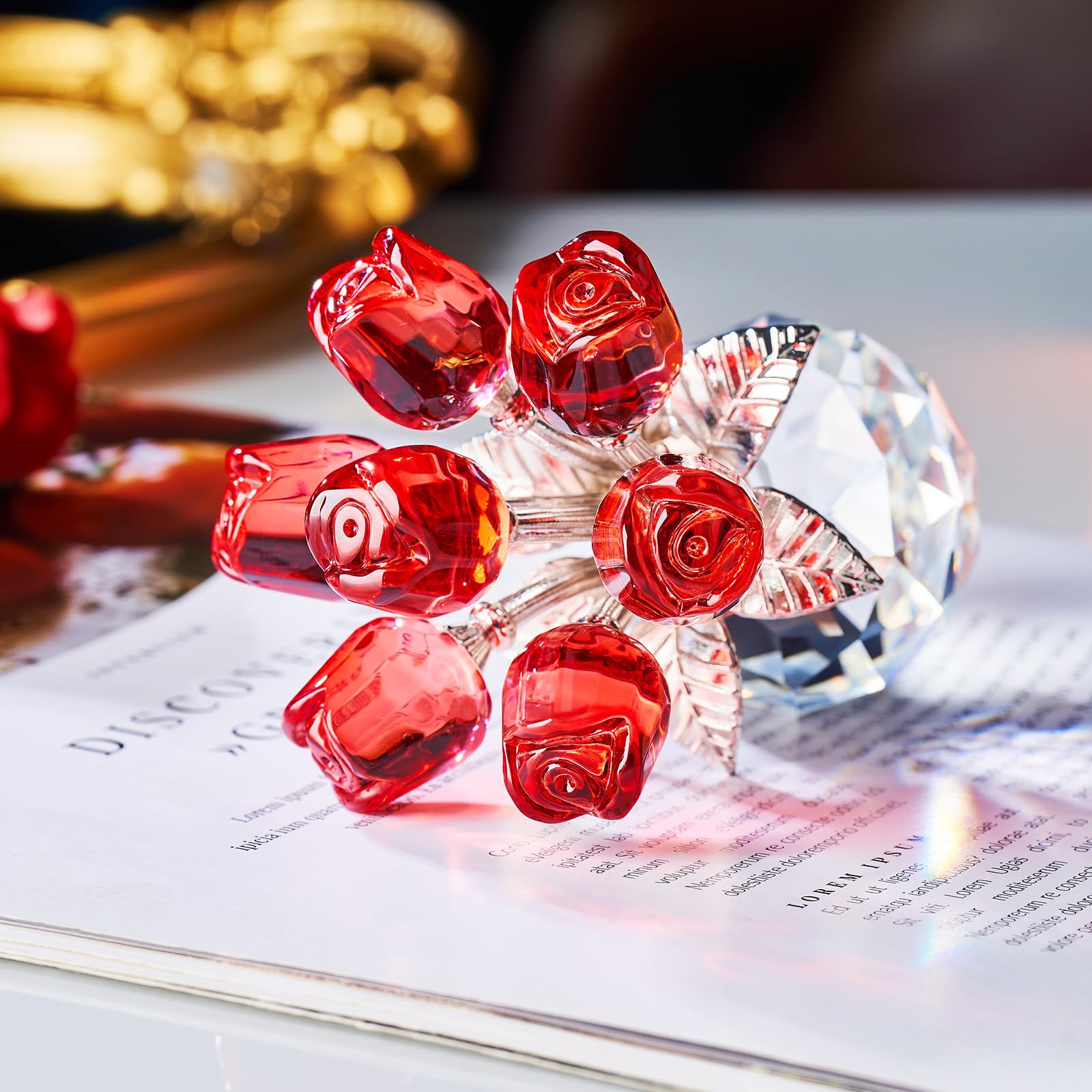 XLSJGYP Red Rose Crystal Flower Paperweight,Glass Flower Gifts for Sister Girlfriend Women Girl Wife,Crystal Flowers Bouquet Collectible for Valentine's Day Wedding Anniversary (Red Rose 02)