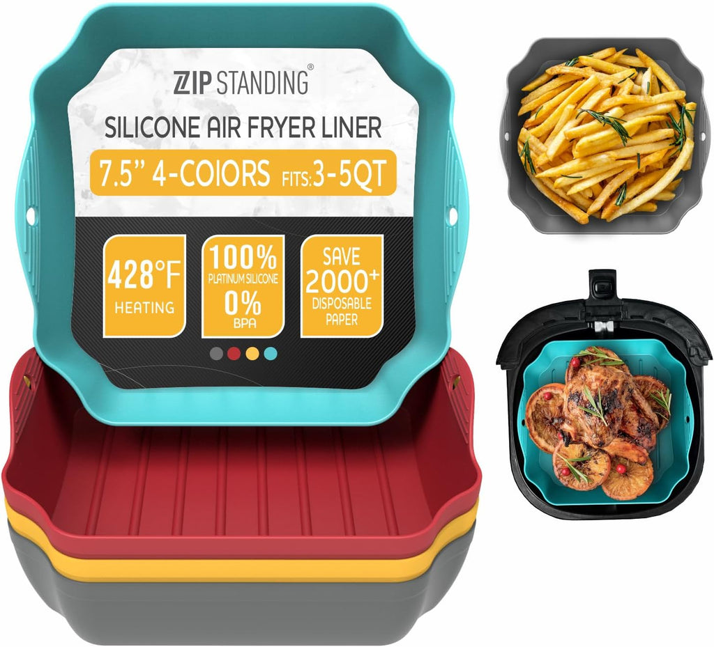 Zip Standing Reusable Silicone Air Fryer Liners - 7.5" Square for 4-7QT Air Fryers with Handles & Holes