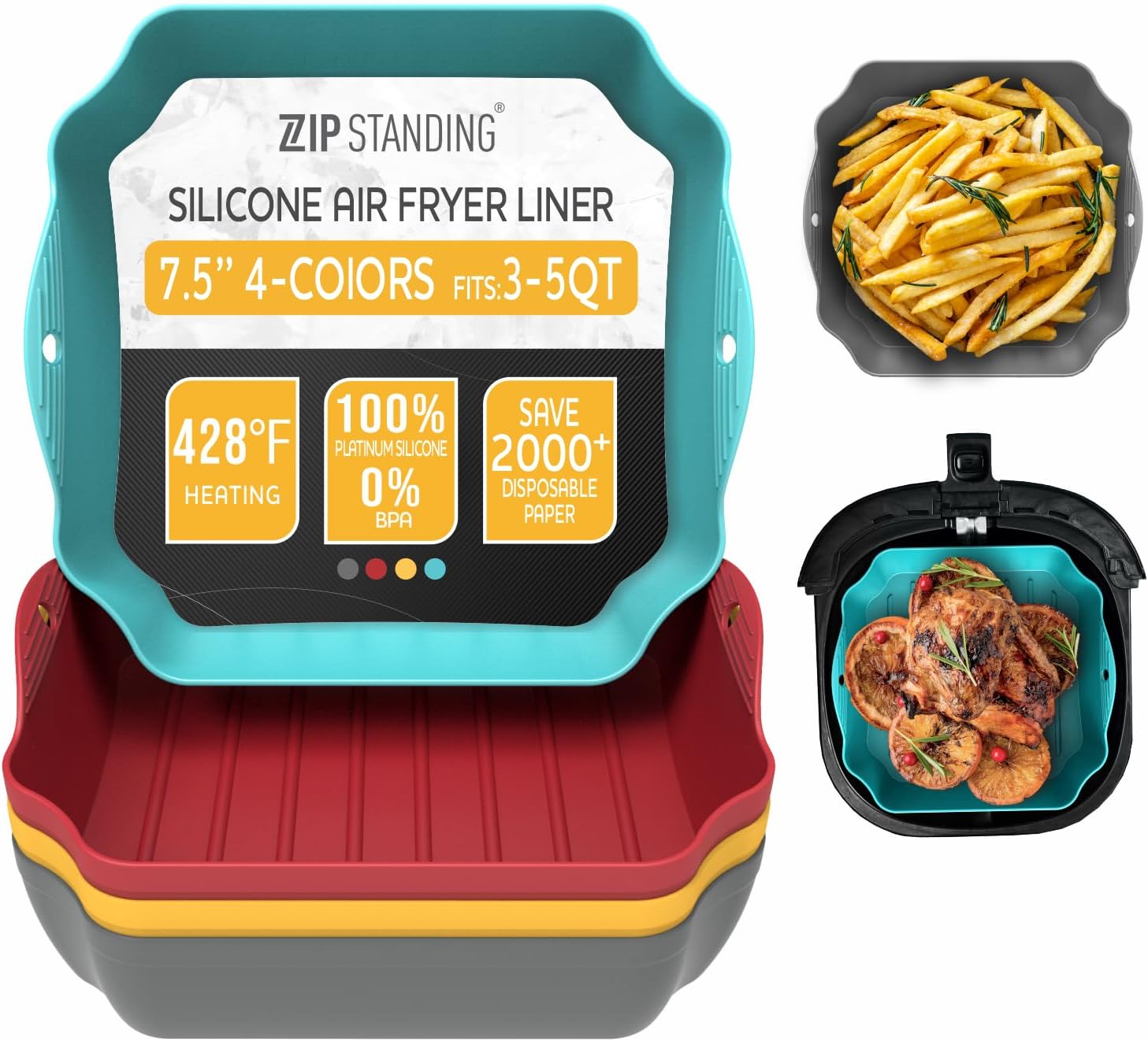 Zip Standing Reusable Silicone Air Fryer Liners - 7.5" Square for 4-7QT Air Fryers with Handles & Holes