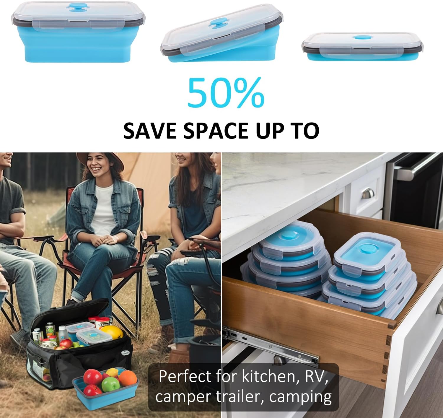 Skiennix Collapsible Food Storage Containers - 8 Pack Silicone Set for Camping & RV | Microwave & Dishwasher Safe, Blue