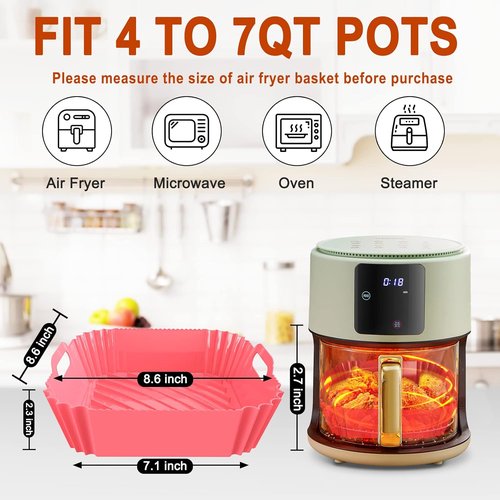 Air Fryer Silicone Liners - Reusable 7.1 Inch Square Mats for 4-7 QT Air Fryers | 2 Pack Kitchen Accessories