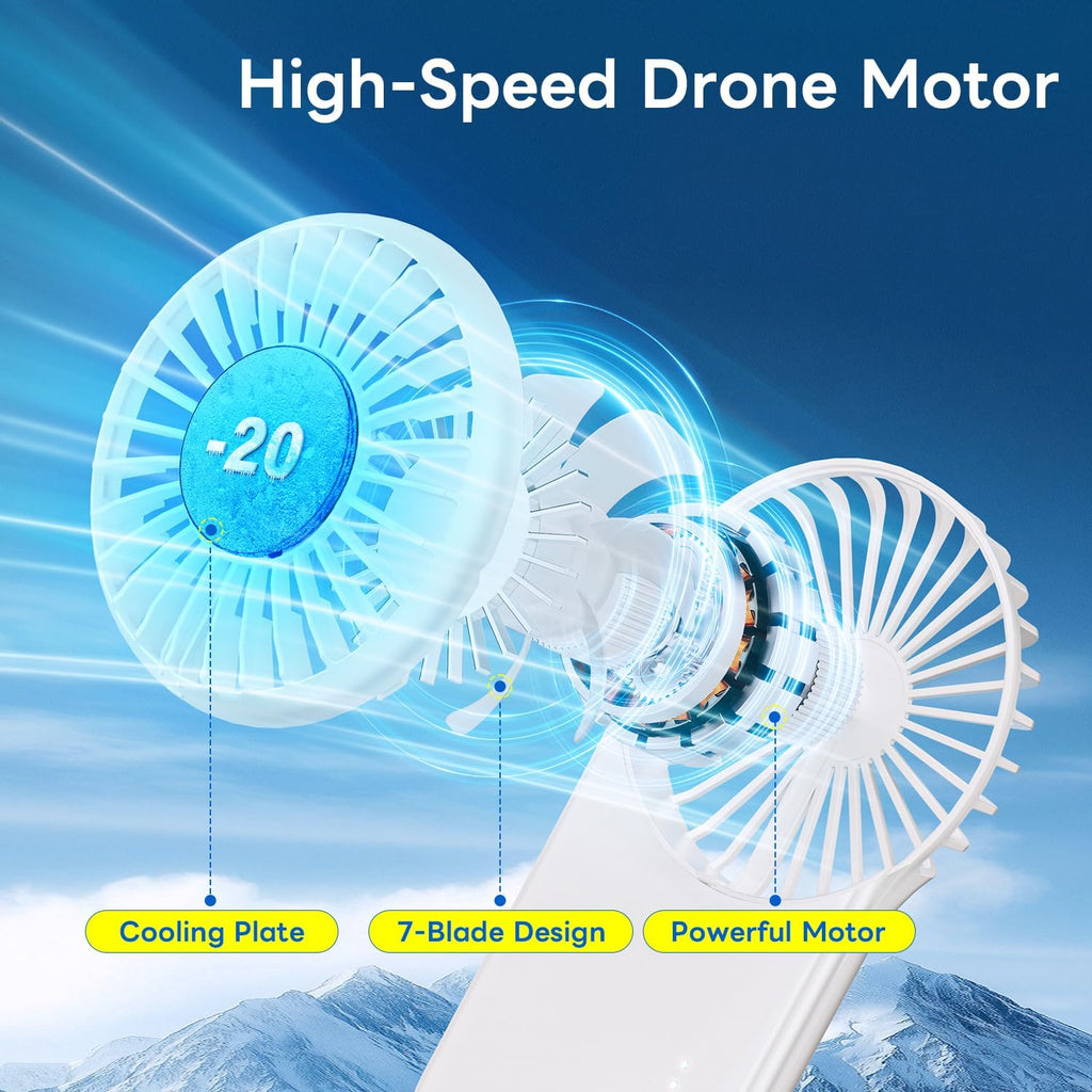 Skiennix Handheld Mini Fan - Portable USB Rechargeable Cooling Fan with 5 Speeds | Cute Design for Travel & Makeup - White