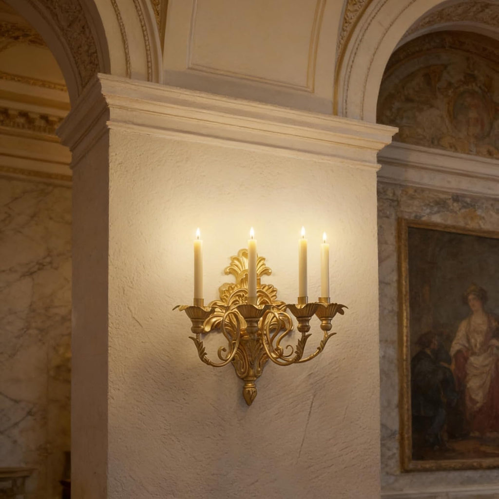 Roman Fountain Wall Sconce - 4-Candle Gold Baroque Candelabra | Antique Metal Tapered Candle Holder for Victorian Decor
