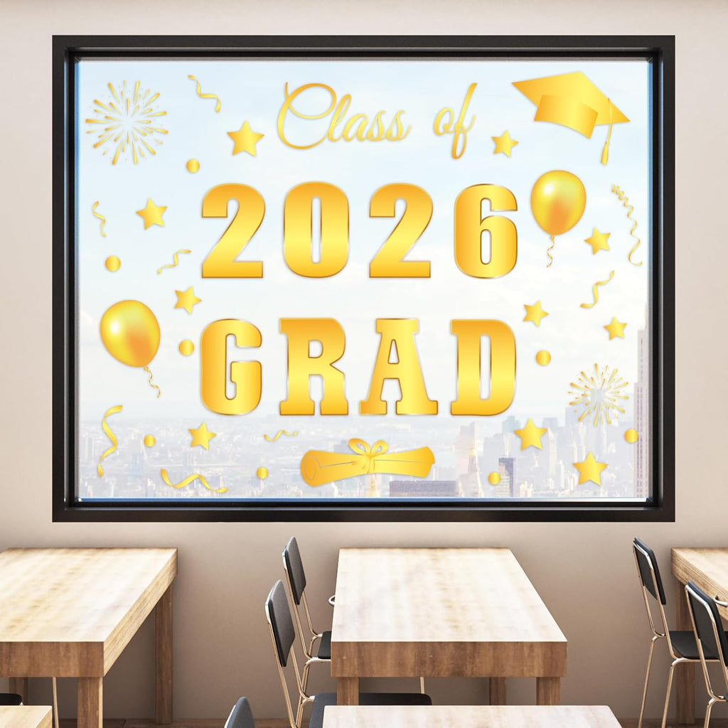 Whaline Graduation Window Clings - Class of 2026 Gold Foil Decor | Reusable Decals for Home & School
