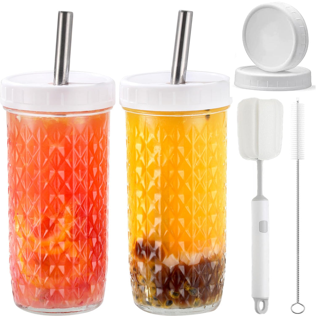 ASANMEYO 2 Pcs 24oz Glass Cups Set, Mason Jar Drinking Glasses with Lids and Straws & 2 Airtight Lids, Cute Reusable Smoothie cups, Iced Coffee Cups, Travel Tumbler for Bubble Tea, Juice, Gift