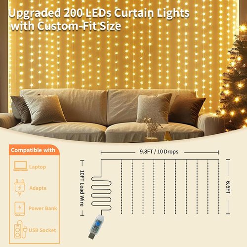 Fairy Curtain Lights - 200 LED Tangle-Free String Lights with Remote | USB Plug for Bedroom, Wedding & Home Décor - 9.8 x 6.6 Ft, Warm White