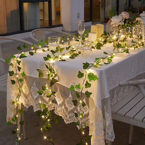 Fielegen 2 Pack 6.56ft Vines with Lights, 40 LED Fake Ivy Garland with Lights Battery Operated Green Leaf Vines Fairy String Lights, Hanging Ivy Light for Valentine's Day Bedroom Garden Patio Decor