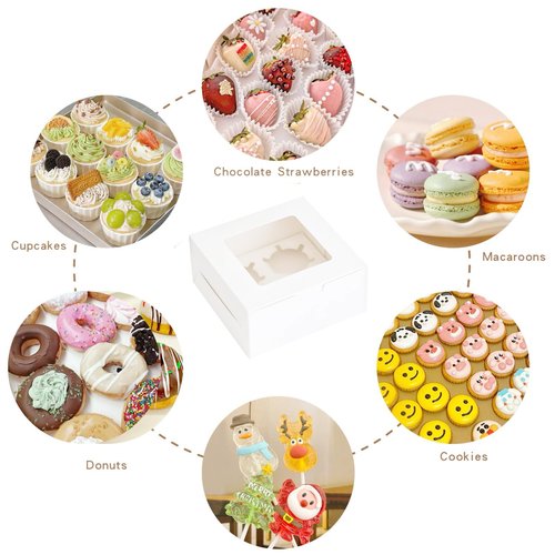 HUFEII 30 Pcs Bakery Boxes with Clear Window, 6.3x6.3x3 Inches, Food Grade Materials, Easy Assembly - Containers for Cupcakes, Cookies, Candies, and Baked Goods