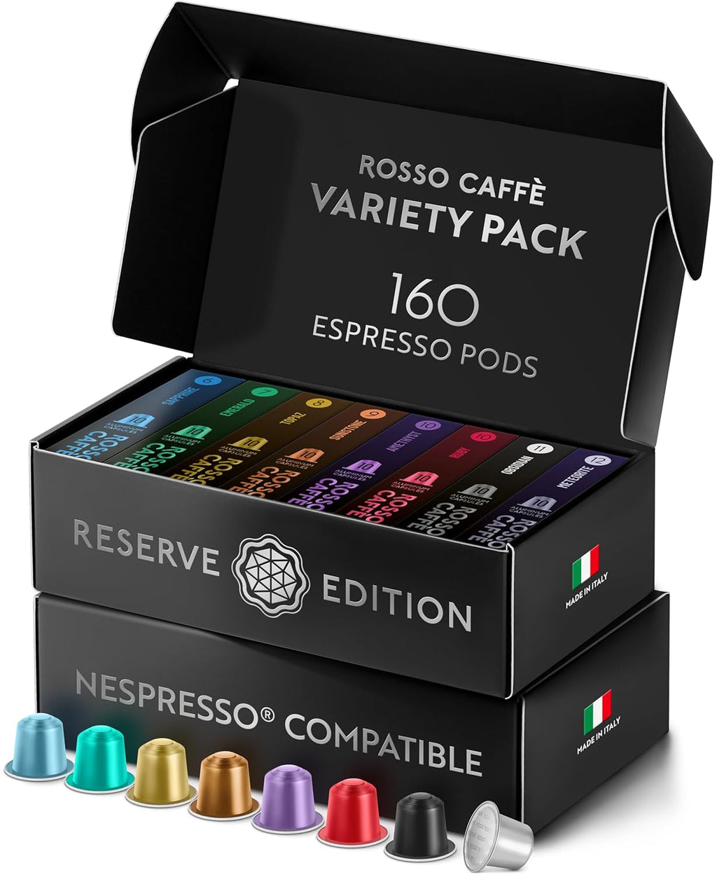 ROSSO CAFFÈ Espresso Coffee Pods - Reserve Variety Pack of 160 Capsules for Nespresso Original Machines - Made in Italy