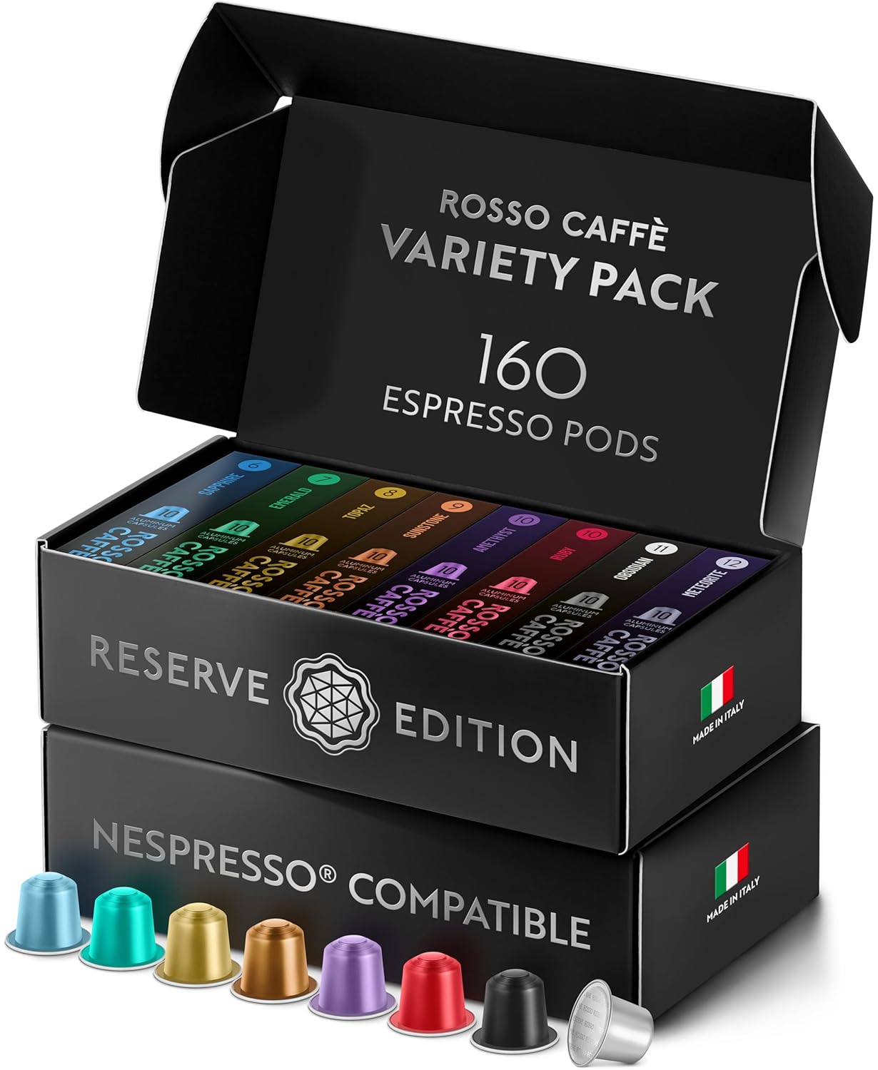 ROSSO CAFFÈ Espresso Coffee Pods - Reserve Variety Pack of 160 Capsules for Nespresso Original Machines - Made in Italy