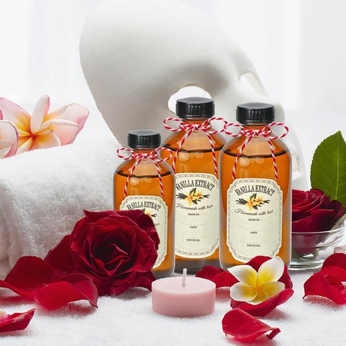 YINGERHUAN 8oz Glass Vanilla Extract Bottles,10 Pack Round Amber Glass Boston Bottles with Caps ， Stickers and Funnel ，Applicable to Essential Oils, Wedding, Christmas