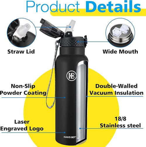 Han's Bottle Sports Water Bottle - 24 Oz Vacuum Insulated, Leak Proof, Straw Lid - Black Thermo Mug