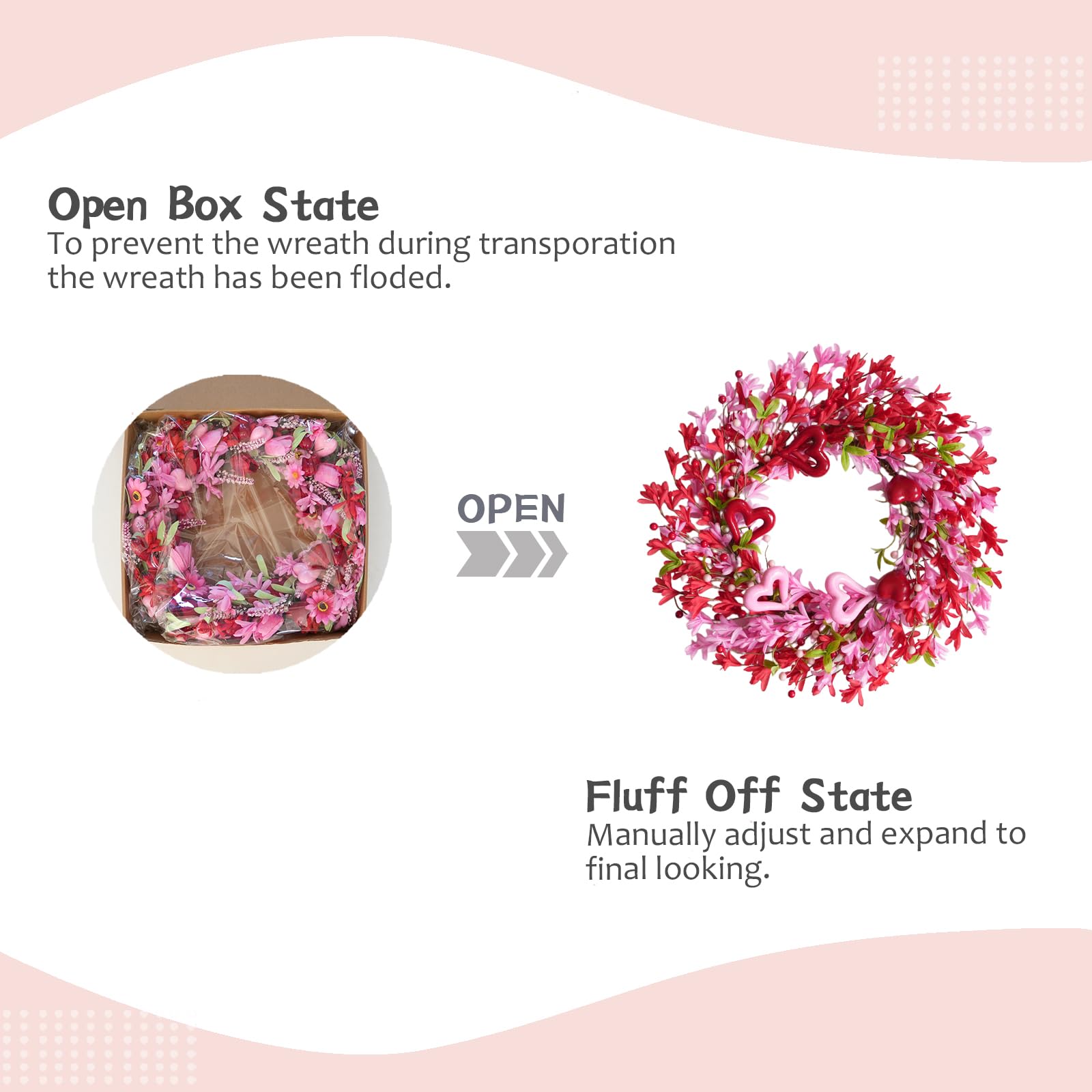 TEMPUS 20 Inch Openwork Heart Shaped Wreath for Spring Pink & Red Forsythia with Heart Berries for Front Door-Love Decor for Mothers Day Anniversary Party