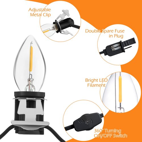 Christmas Village Light Cord with 9 LED Bulb, C7 Blow Mold String Lights with Two Spare Fuse, Blow Mold Light Cord with Clip, Village Lights for Christmas Houses Villages, Holiday Craft Decorations