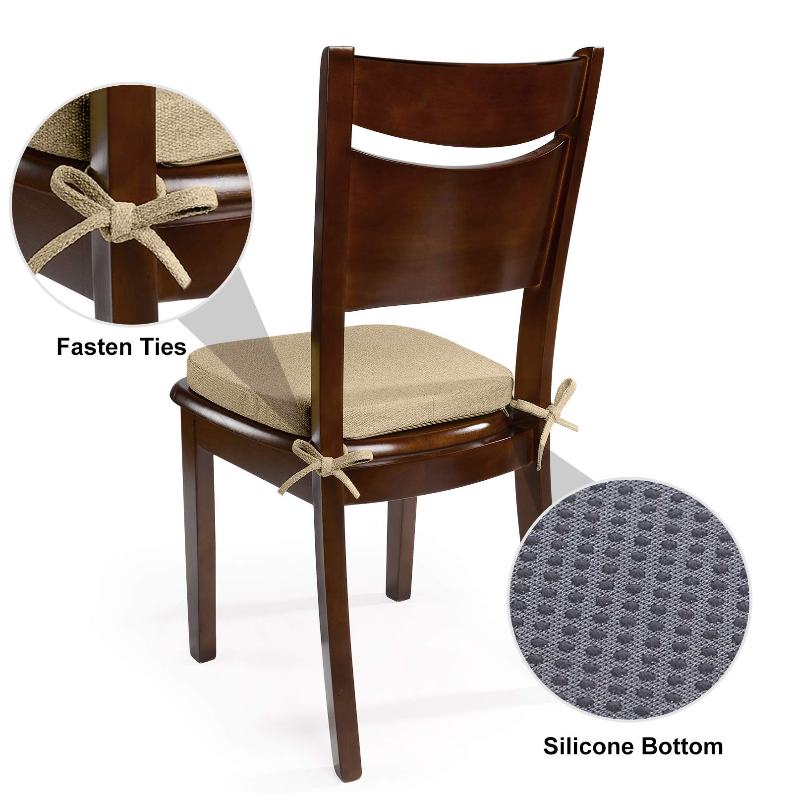 Shinnwa Dining Chair Cushions, Non Slip Seat Cushions for Kitchen Chairs with Ties, 15 x 15.5 inches, Natural Linen