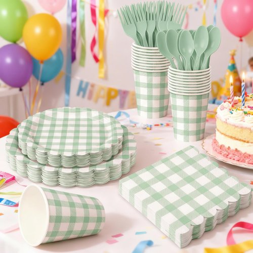 175 PCS Sage Green Gingham Party Supplies Includes Green Gingham Paper Plates, Cups, Napkins, Cutlery for Wedding Bridal Shower Birthday Baby Shower Party Decorations, Serves 25