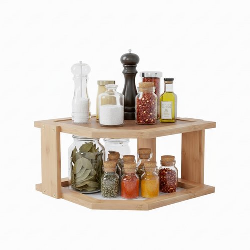 2-Tier Bamboo Corner Shelf for Kitchen or Bathroom Cabinet, Countertop, Cupboard Storage and Organizer, Natural Wood Space Saving Rack by Lavish Home