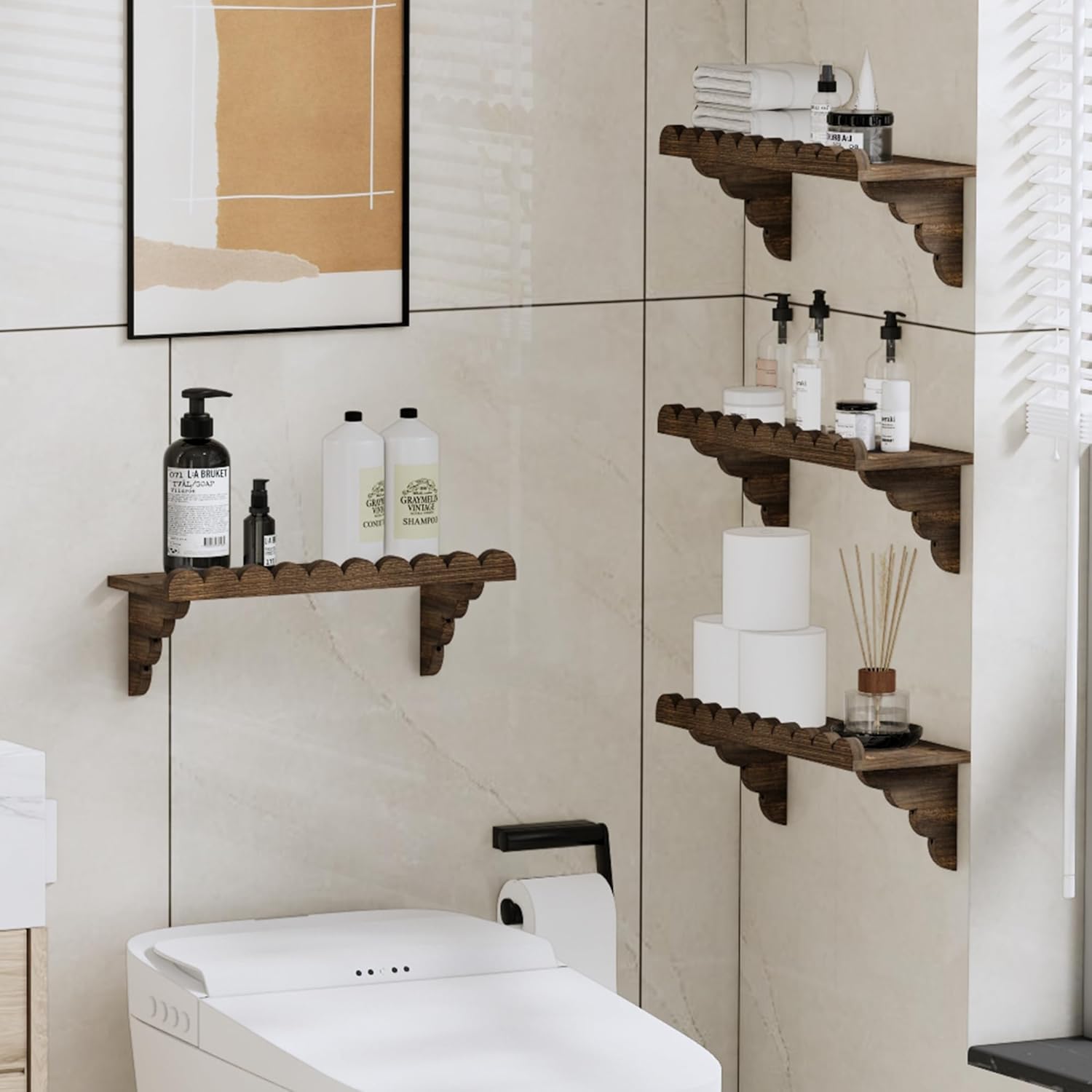 QsQueen Scalloped Wood Wall Shelf - 17-Inch Rustic Floating Shelf with Easy Install Brackets for Any Room