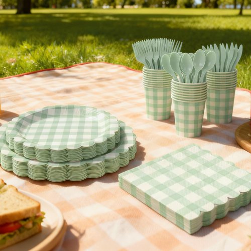 175 PCS Sage Green Gingham Party Supplies Includes Green Gingham Paper Plates, Cups, Napkins, Cutlery for Wedding Bridal Shower Birthday Baby Shower Party Decorations, Serves 25