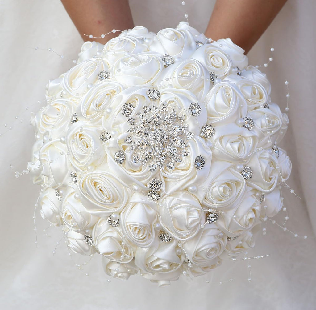 Mhojpik Bridal Wedding Bouquet Round Bling Brooch Holding Bouquet Artificial Rose Flower Bunch for Bride Bridesmaid Wedding Quinceanera(Ivory, 9.8")