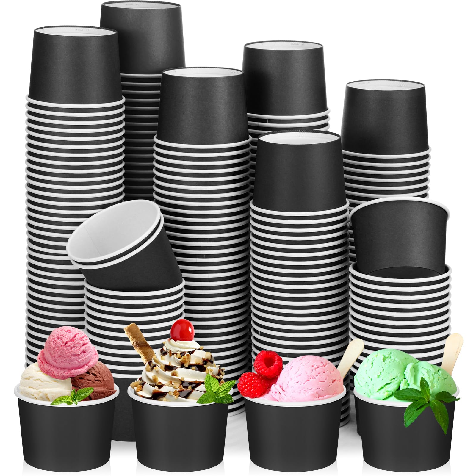 Nuenen 8 oz Summer Ice Cream Paper Cups Bulk Disposable Dessert Cups Solid Color Paper Dessert Bowls for Snack Sundae Spring Party Favors Ice Cream Bar Supplies(Black,300 Pcs)