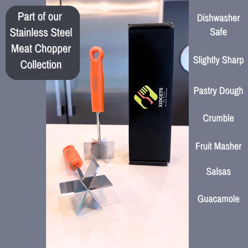 Mini Stainless Steel Meat Masher, Small Ground Beef Chopper, Mini-sized Pastry Dough Blender & Crumble Maker. Mini Meat Masher and pastry tool by Xidgets (Retro Orange)