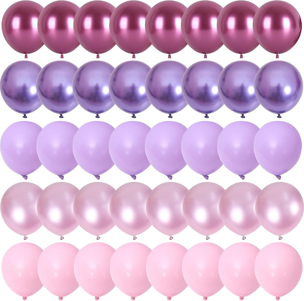 Skiennix 60 PCS Metallic Pink & Purple Balloons - 12 Inch Latex for Girls' Birthday & Baby Shower Decor