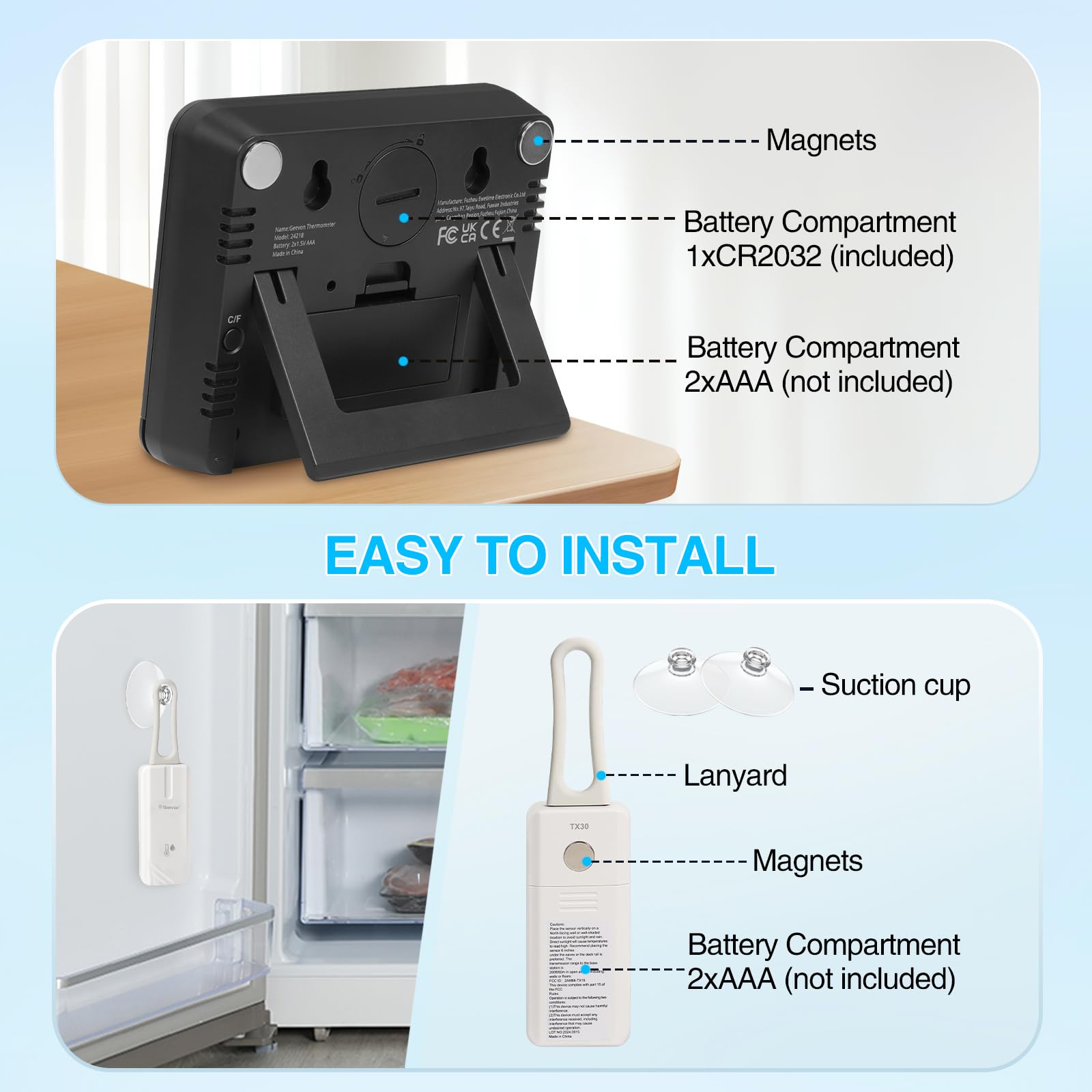 Geevon Digital Wireless Refrigerator Thermometer with Alarm, Low Battery Warning Icon, Max/Min Temperature LCD Display, Suitable for Domestic or Commercial Use Freezer Thermometer with Alarm