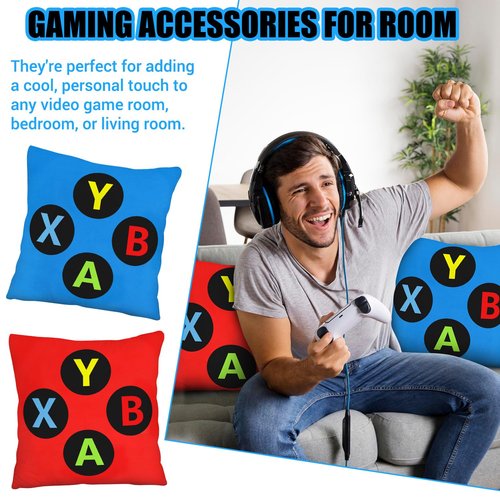 IHESPABLD Gaming Throw Pillow Cases Set of 2, Soft Pillow Covers Gamer Birthday for Teens Boys Cushion Covers for Living Room Bedroom Game Room Decor 18 x 18 inches