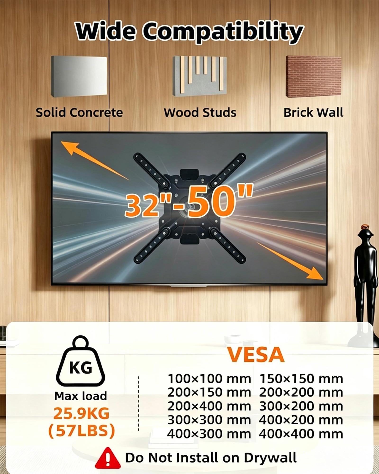HILLPORT Vertical Swivel TV Wall Mount for Most 32-50 inch, Long Arm Rotate to Portrait TV Corner Bracket, Support Full Motion 360 Degree, Max VESA 400x400mm Up to 57lbs DY3255