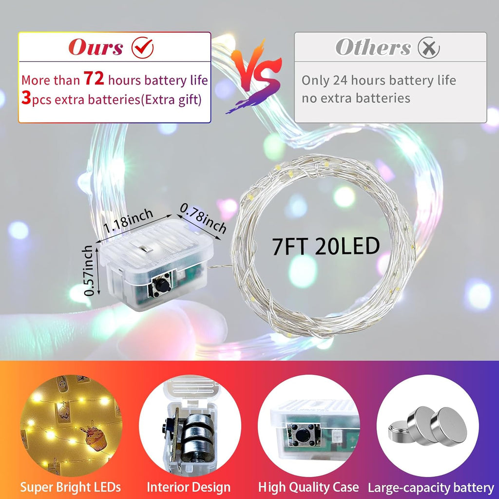 Skiennix 8 Pack Fairy Lights - 7Ft 20 LED Twinkle String Lights | Battery Operated & Waterproof for Parties, Weddings, and Decor - Rainbow Pastel