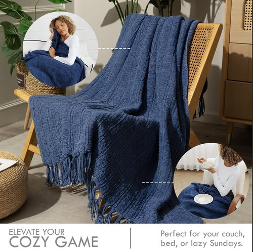 NANPIPER Knit Blanket Ultra-Soft Cozy Throw Handknit Style for Couch, Luxurious Lightweight Home Decor, Navy Blue 50"x60"