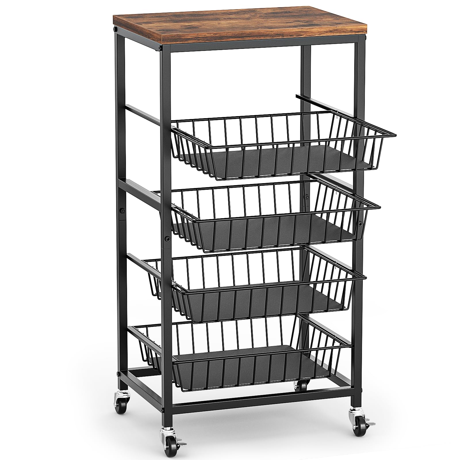 Venkuber Fruit Vegetable Cart, 4-Tier Snack & Kitchen Cart on Wheels with Storage, Pull-Out Baskets & Wood Top, Rolling Organizer for Pantry, Living Room (Brown)