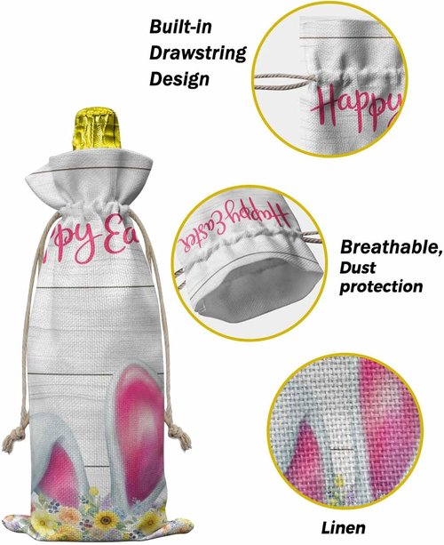 10pcs Linen Burlap Wine Bags with Drawstring Easter Wine Gift Bag with Tags Reusable Wines Bottle Cover Gift Bags for Birthday Tasting Party Supplies Spring Farmhouse Country Bunny Flower Wood Grain